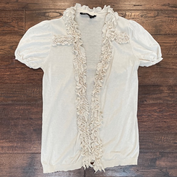 BCBGMaxAzria white ruffle front cardigan Sz S BCBG Max Azria exaggerated ruffle - Picture 1 of 11
